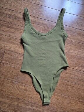 Zara Olive Green Scoop Neck High Cut Bodysuit Tank Top Size L